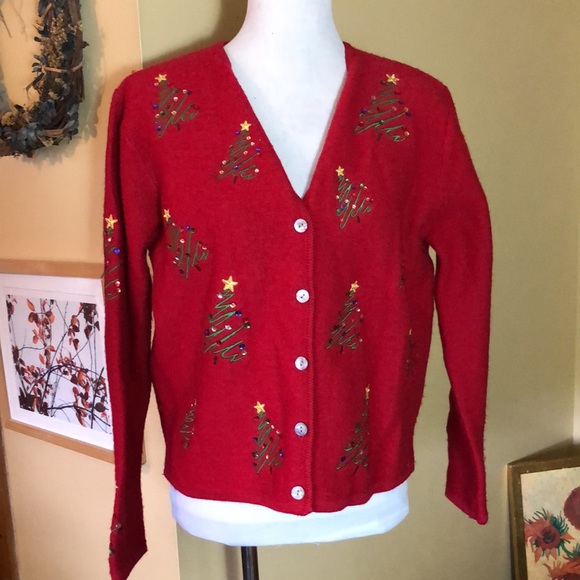 Vtg KAREN SCOTT sz Medium  100% Wool Christmas Tree Festive Embroidered HongKong - Picture 2 of 16